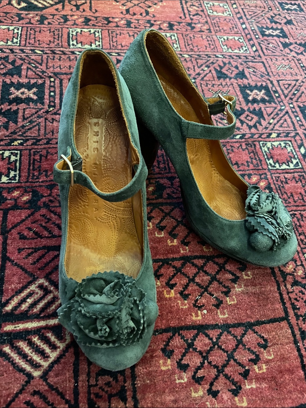 Chie Mihara Teal Suede Flowered Heels size 39